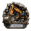 Custom excavator metal sign showing a tracked construction machine breaking through rock