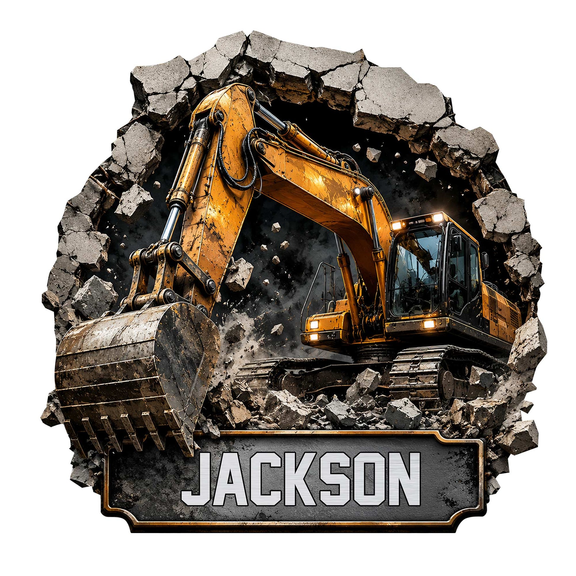 Custom excavator metal sign showing a tracked construction machine breaking through rock