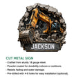 Excavator metal sign feature graphic showing the cut metal design and product details