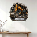 Excavator wall sign displayed on white paneling in a modern home interior