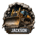 Custom construction metal sign featuring a powerful yellow bulldozer breaking through a rocky wall