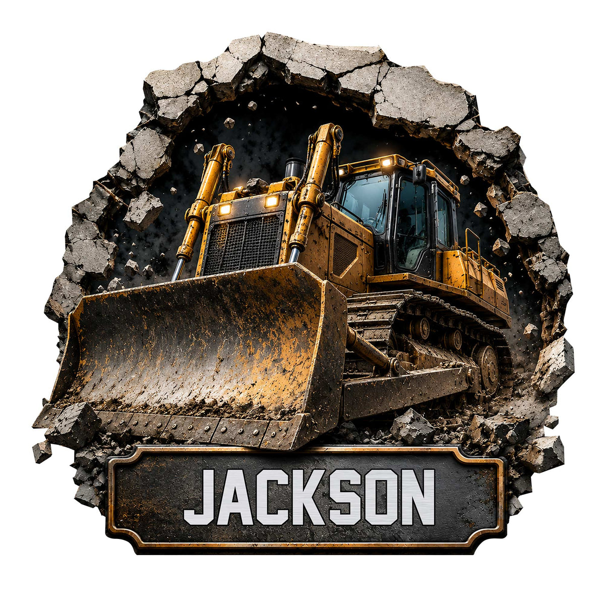 Custom construction metal sign featuring a powerful yellow bulldozer breaking through a rocky wall