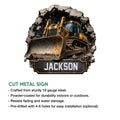 Construction bulldozer metal sign shown with a cut-metal sign feature and rugged industrial artwork