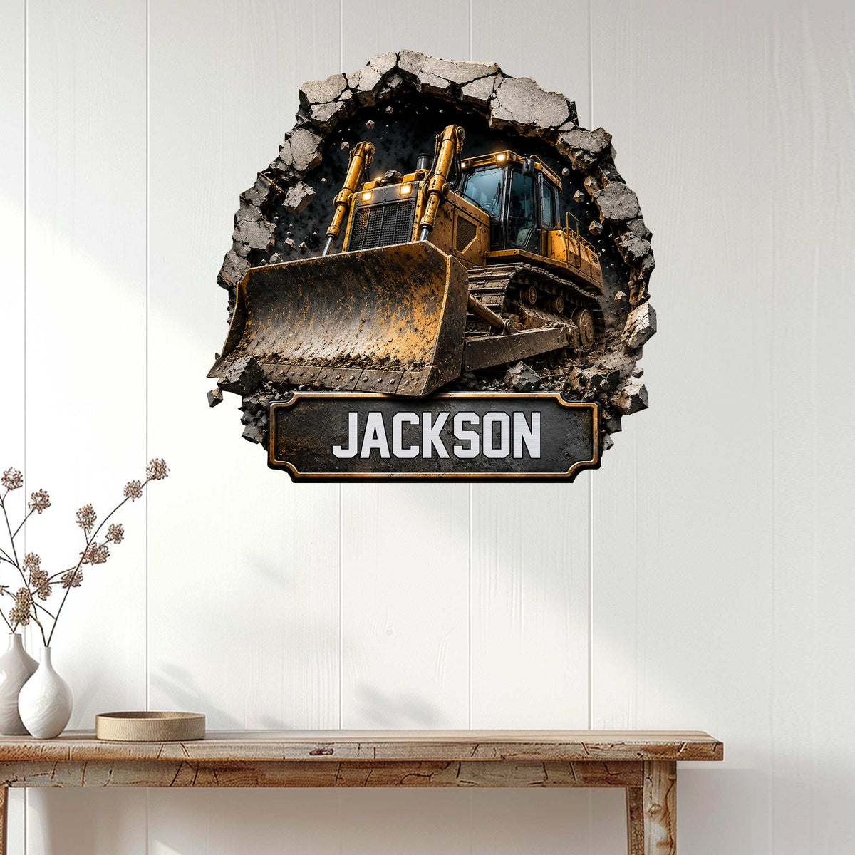 Bulldozer construction wall decor displayed on a bright paneled wall in a home interior
