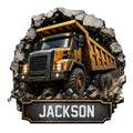 Custom construction metal sign featuring a large yellow dump truck breaking through a rocky scene