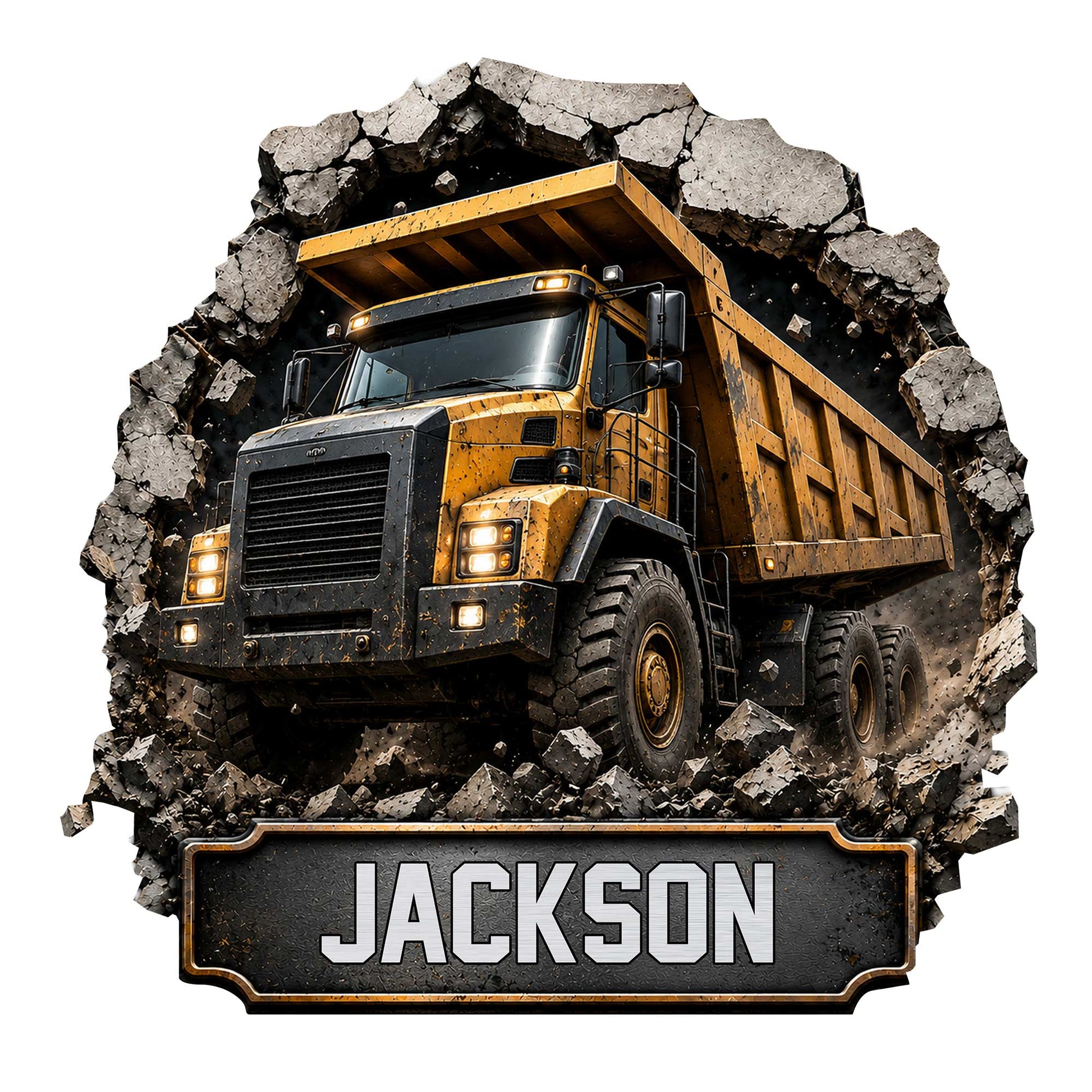 Custom construction metal sign featuring a large yellow dump truck breaking through a rocky scene