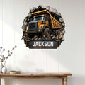 Dump truck metal wall sign shown in a bright home interior above a console table