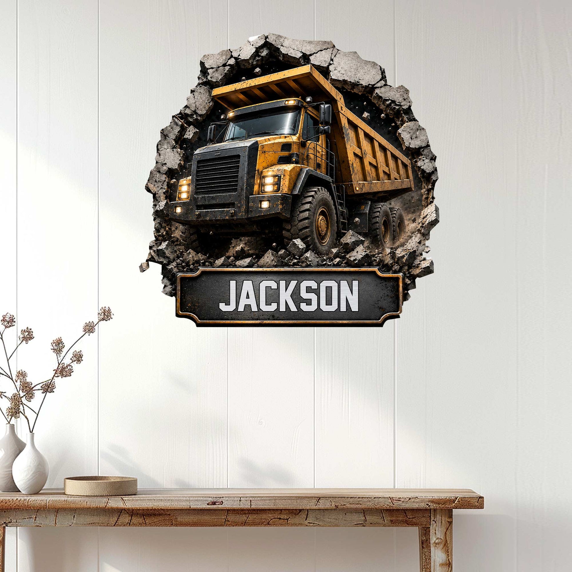 Dump truck metal wall sign shown in a bright home interior above a console table