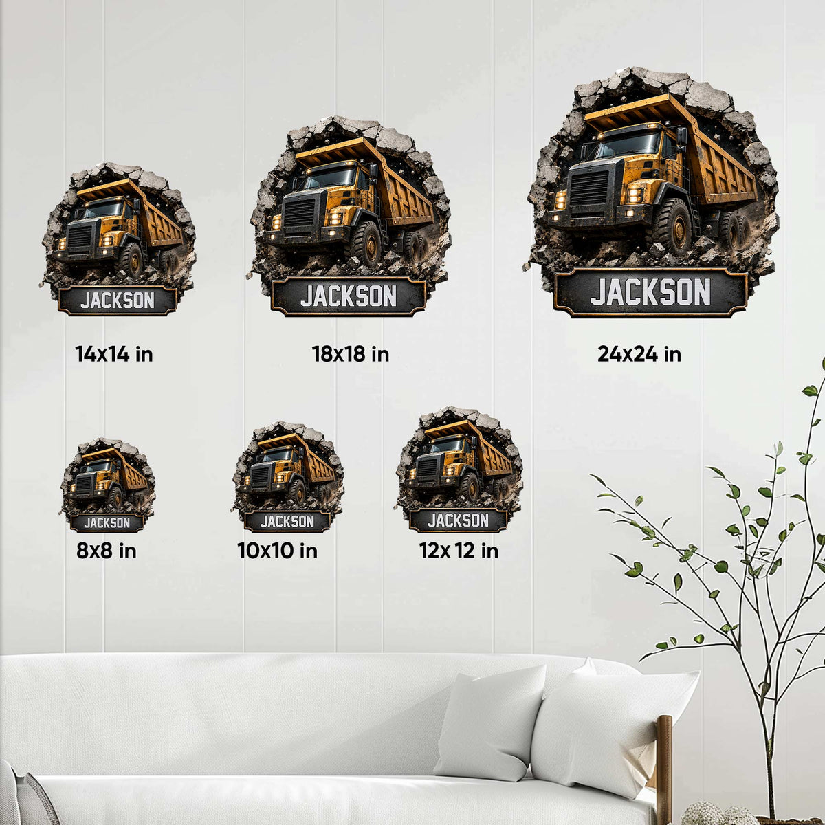 Construction dump truck sign size guide showing available square sizes from 8 by 8 to 24 by 24 inches