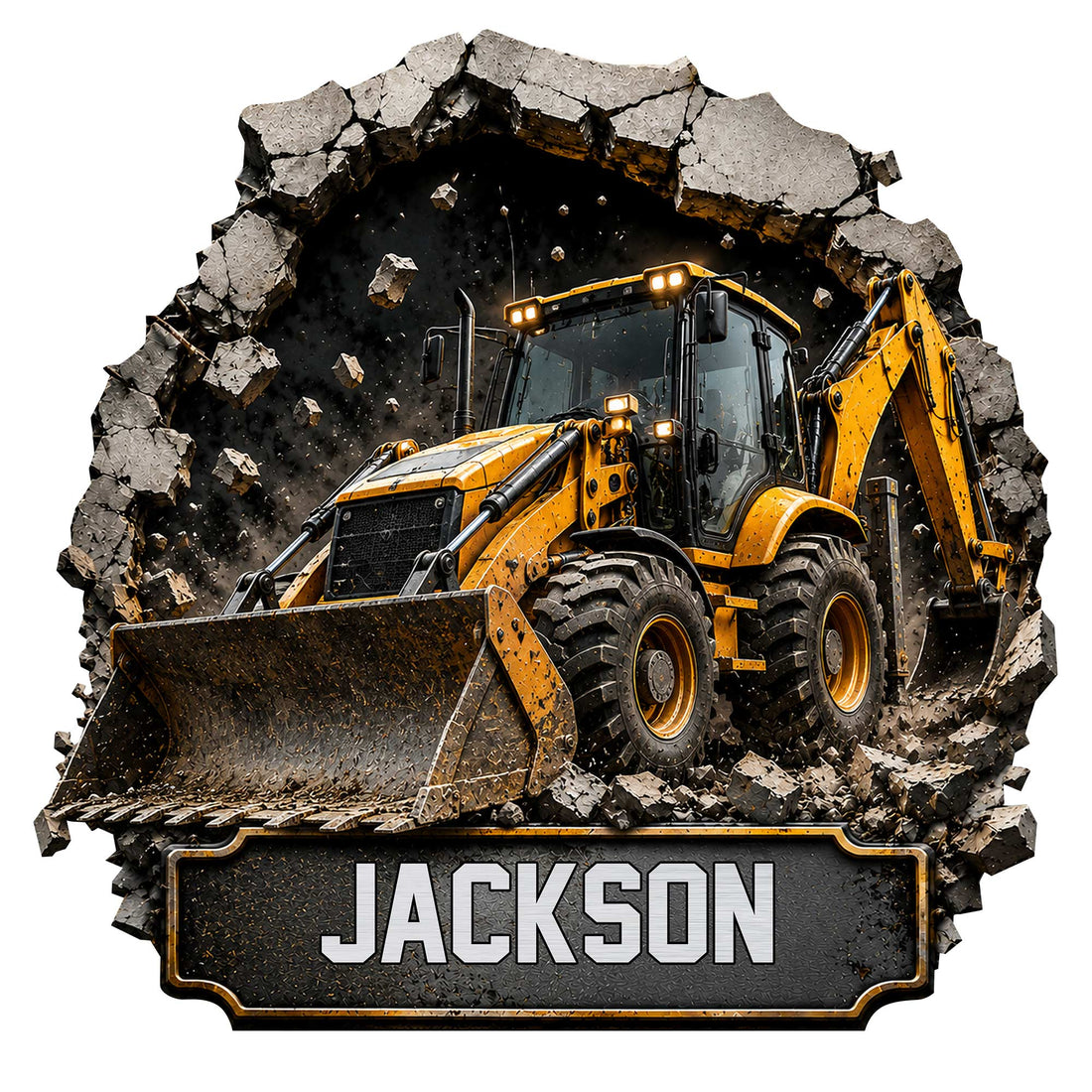 Custom construction metal sign featuring a detailed yellow backhoe loader breaking through a rocky wall