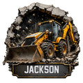 Custom construction metal sign featuring a detailed yellow backhoe loader breaking through a rocky wall