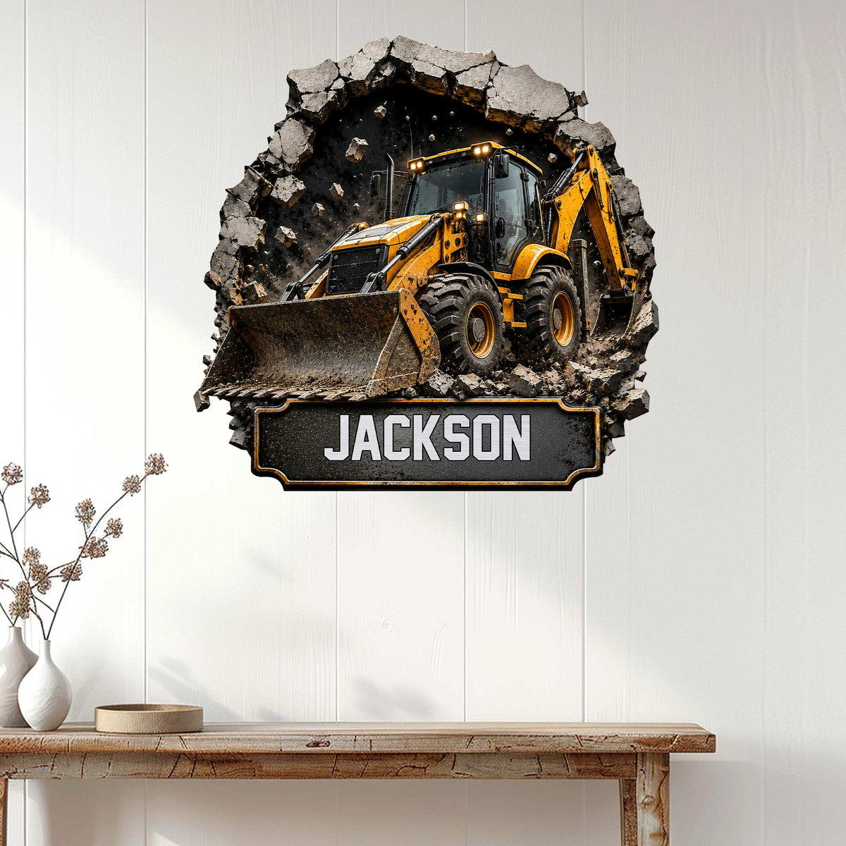 Construction backhoe metal sign displayed on a white paneled wall in a modern home setting