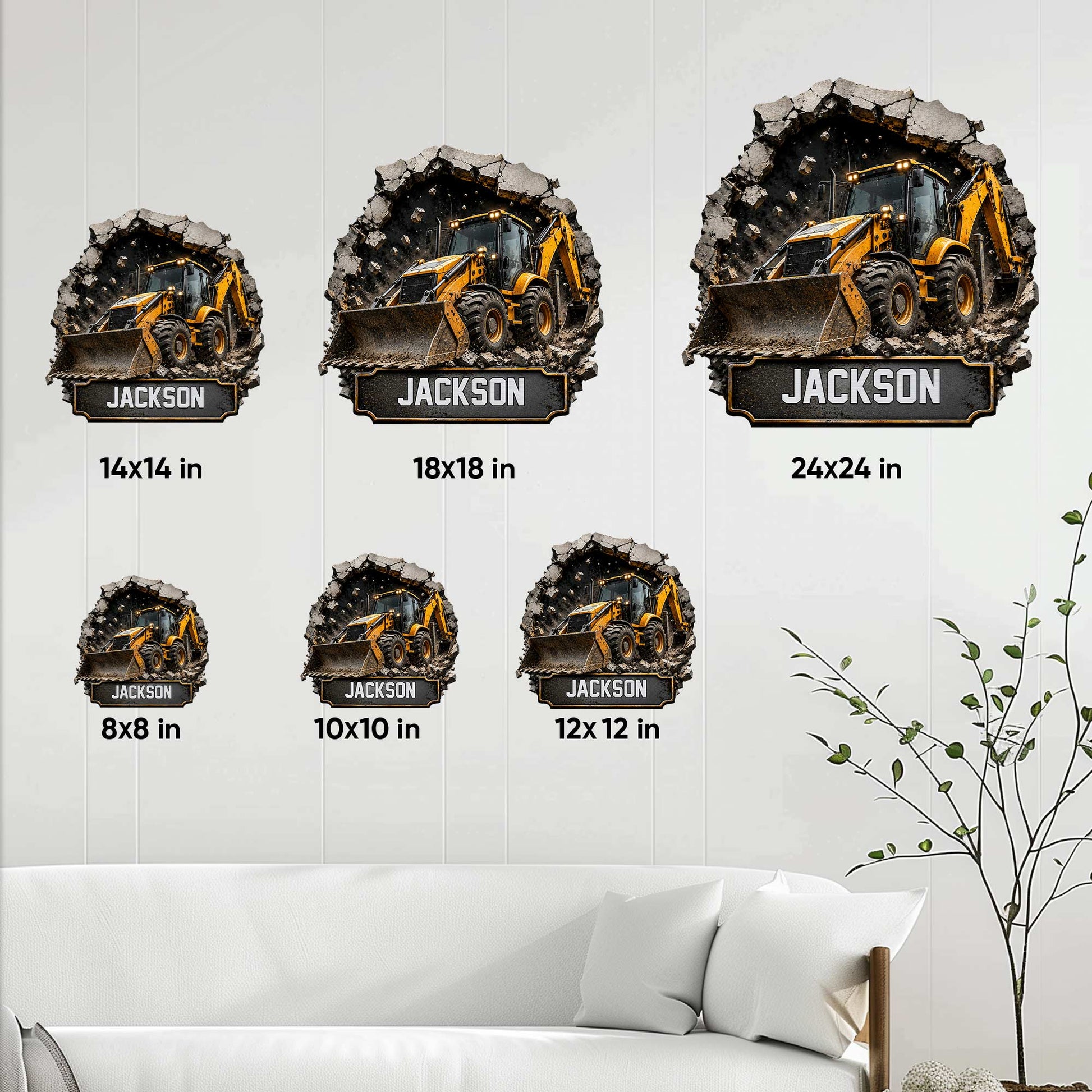 Construction backhoe metal sign size guide showing available square dimensions from 8 by 8 to 24 by 24 inches