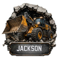 Custom construction metal sign featuring a rugged front-end loader breaking through rock