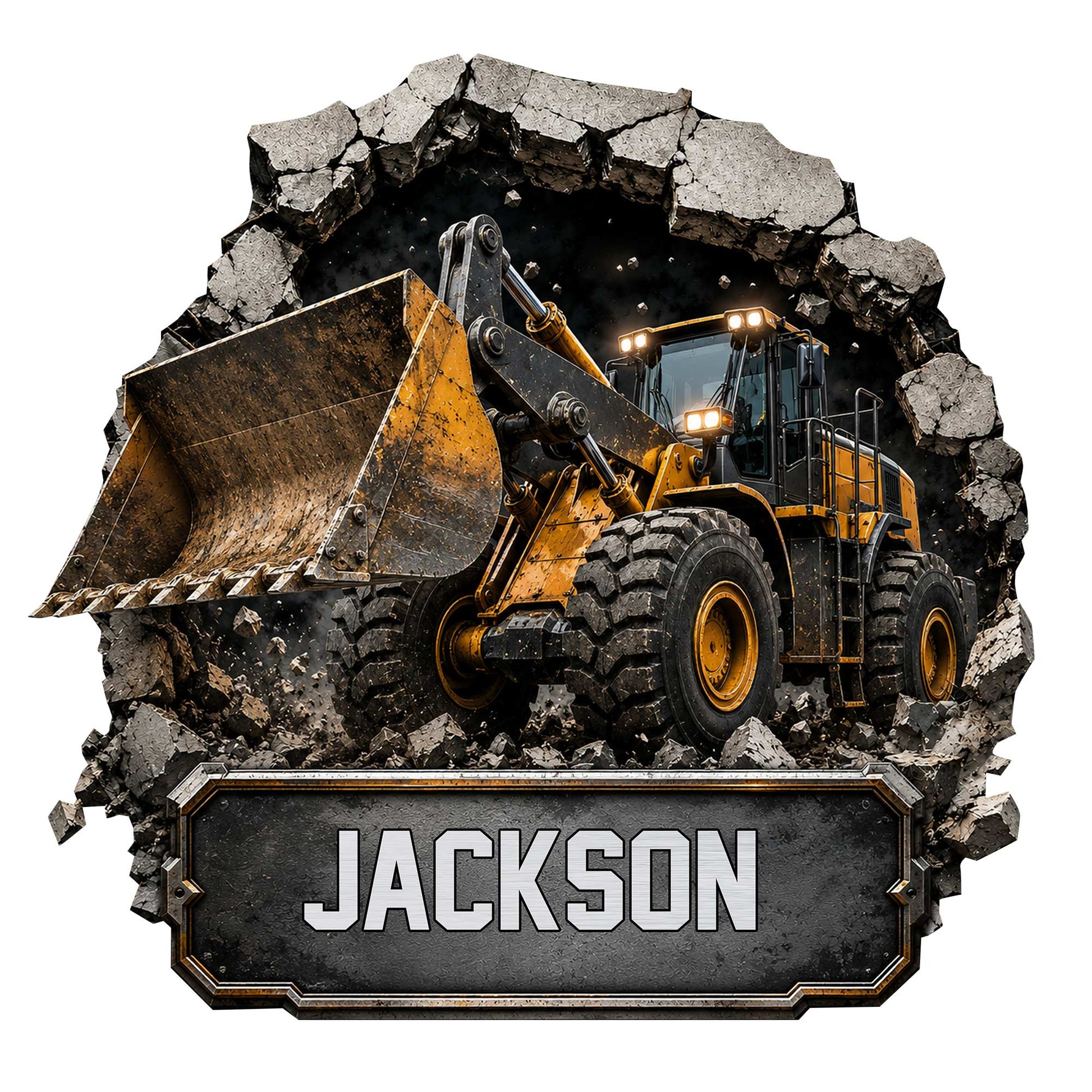 Custom construction metal sign featuring a rugged front-end loader breaking through rock