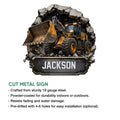 Construction loader metal sign shown in a cut-metal product feature graphic with size and mounting details