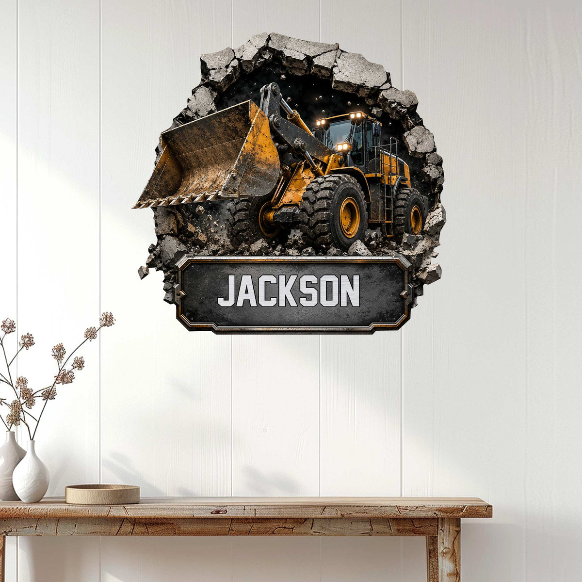 Construction equipment wall sign displayed on white paneled decor above a wood console table