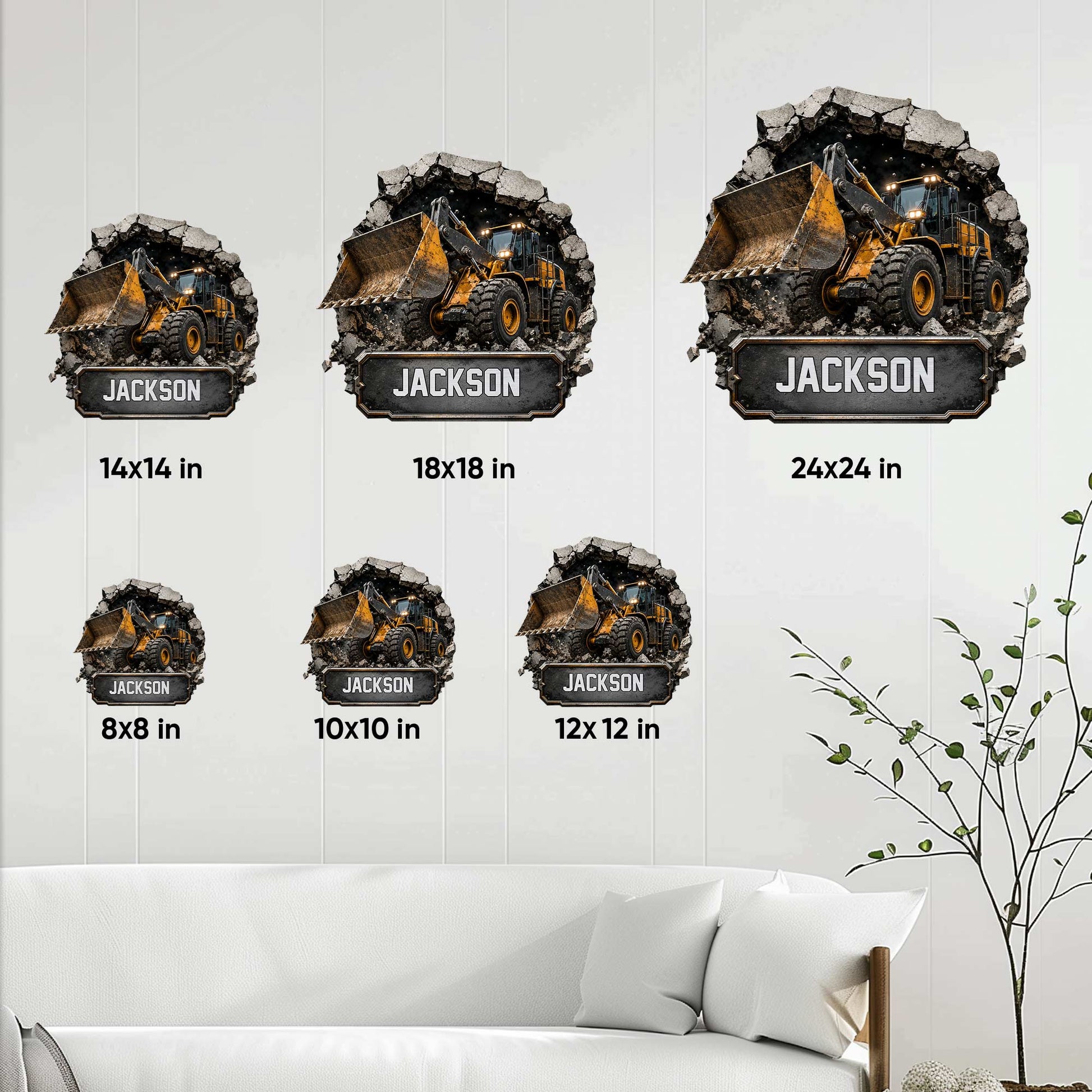 Construction loader metal sign size guide showing options from 8 by 8 to 24 by 24 inches