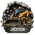 Custom skid steer metal sign featuring a yellow loader breaking through rock for construction decor