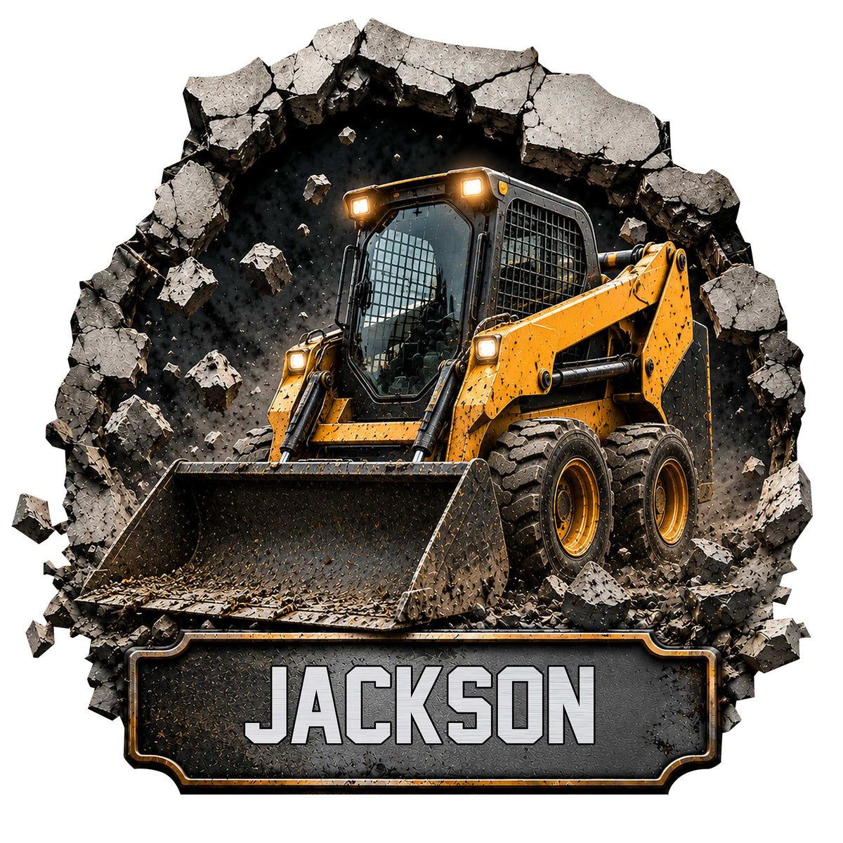 Custom skid steer metal sign featuring a yellow loader breaking through rock for construction decor