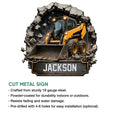 Skid steer construction metal sign shown with a rugged cut-steel design and indoor or outdoor display details