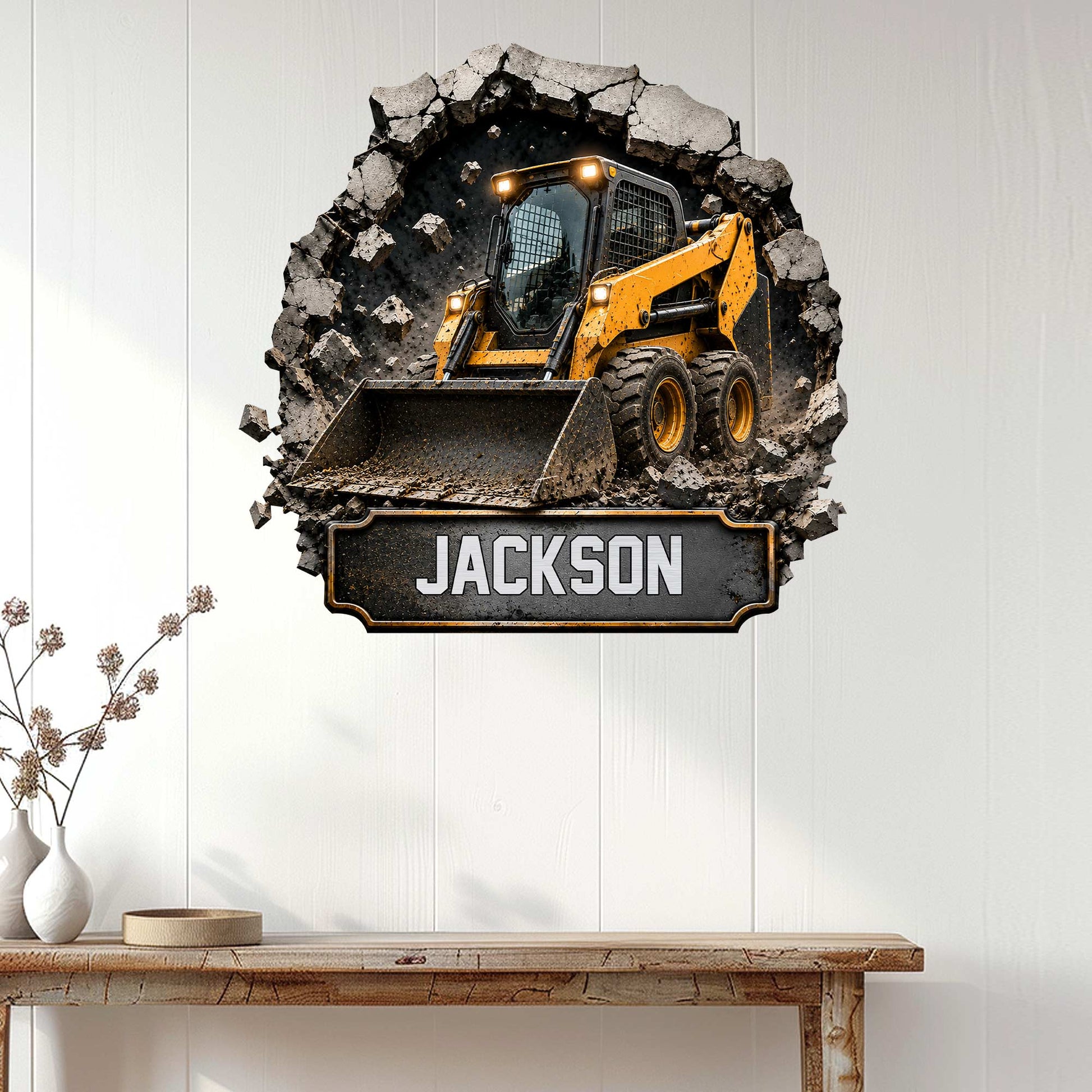 Skid steer metal wall sign displayed on white wood paneling above a console table