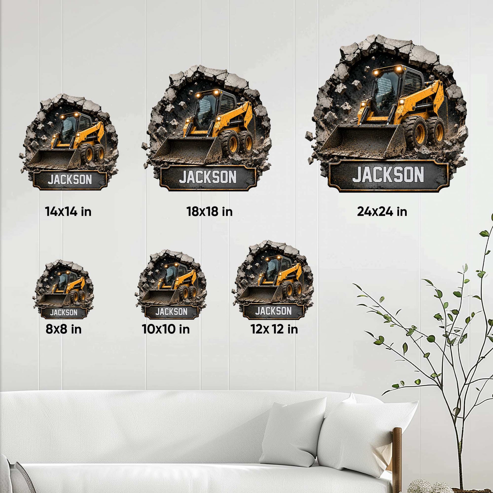 Skid steer metal sign size guide showing available square sizes from 8 by 8 to 24 by 24 inches