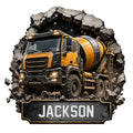 Construction metal sign featuring a dramatic yellow concrete mixer truck breaking through a rocky wall