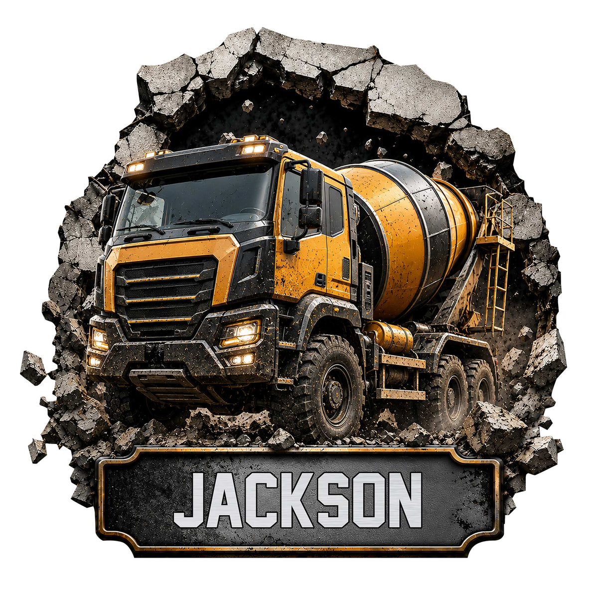 Construction metal sign featuring a dramatic yellow concrete mixer truck breaking through a rocky wall