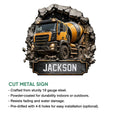 Concrete mixer truck metal sign shown with a construction-themed design and product feature information