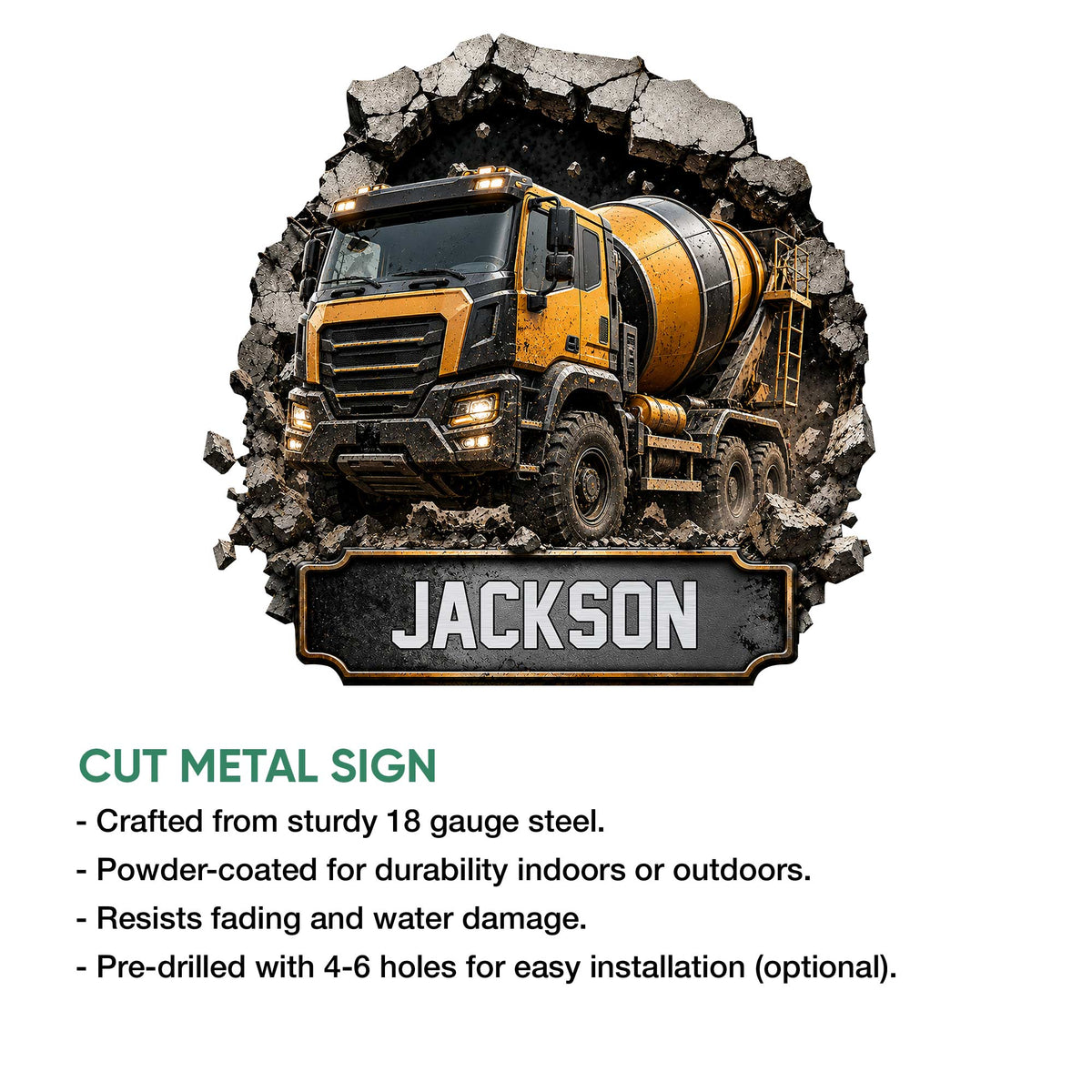 Concrete mixer truck metal sign shown with a construction-themed design and product feature information