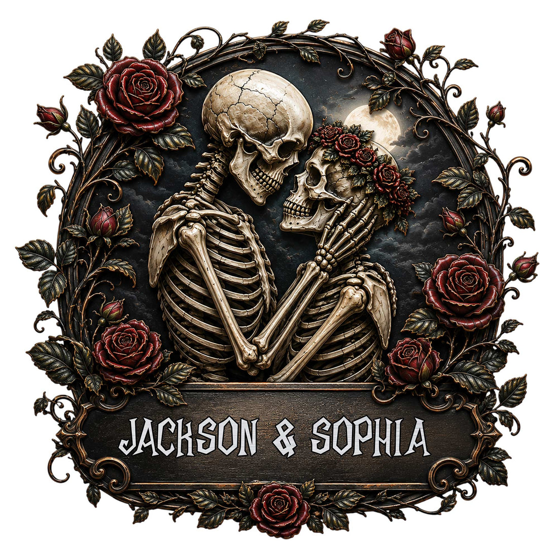 Gothic metal sign featuring a romantic skeleton couple surrounded by dark red roses and ornate vines