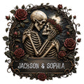 Gothic metal sign featuring a romantic skeleton couple surrounded by dark red roses and ornate vines