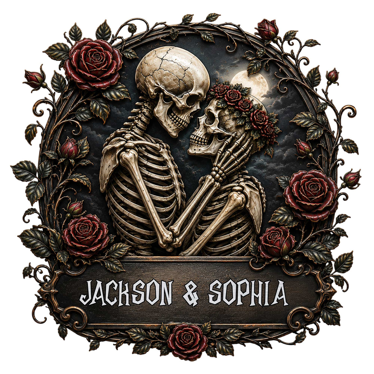 Gothic metal sign featuring a romantic skeleton couple surrounded by dark red roses and ornate vines