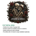 Romantic skull couple metal sign shown with cut-metal sign features and installation information