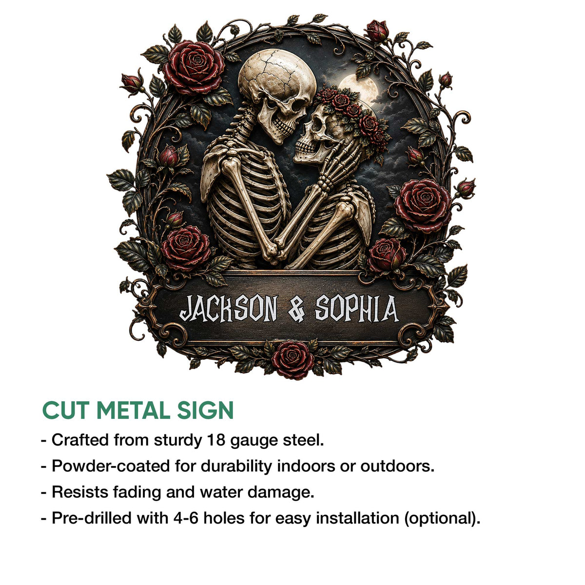 Romantic skull couple metal sign shown with cut-metal sign features and installation information