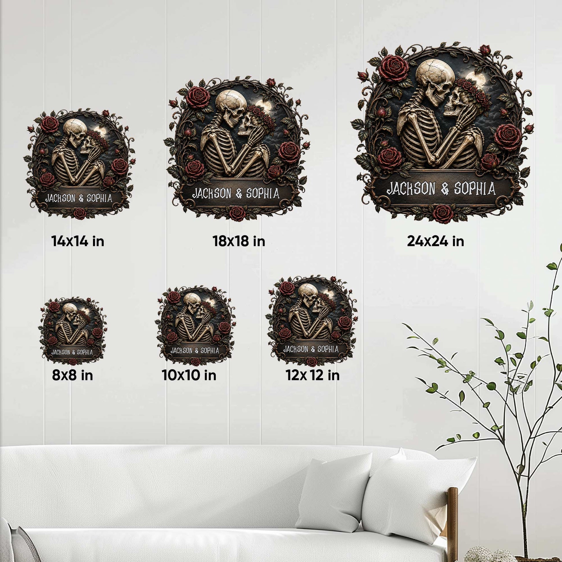 Gothic skull couple metal sign size guide showing available square sizes from 8 by 8 to 24 by 24 inches