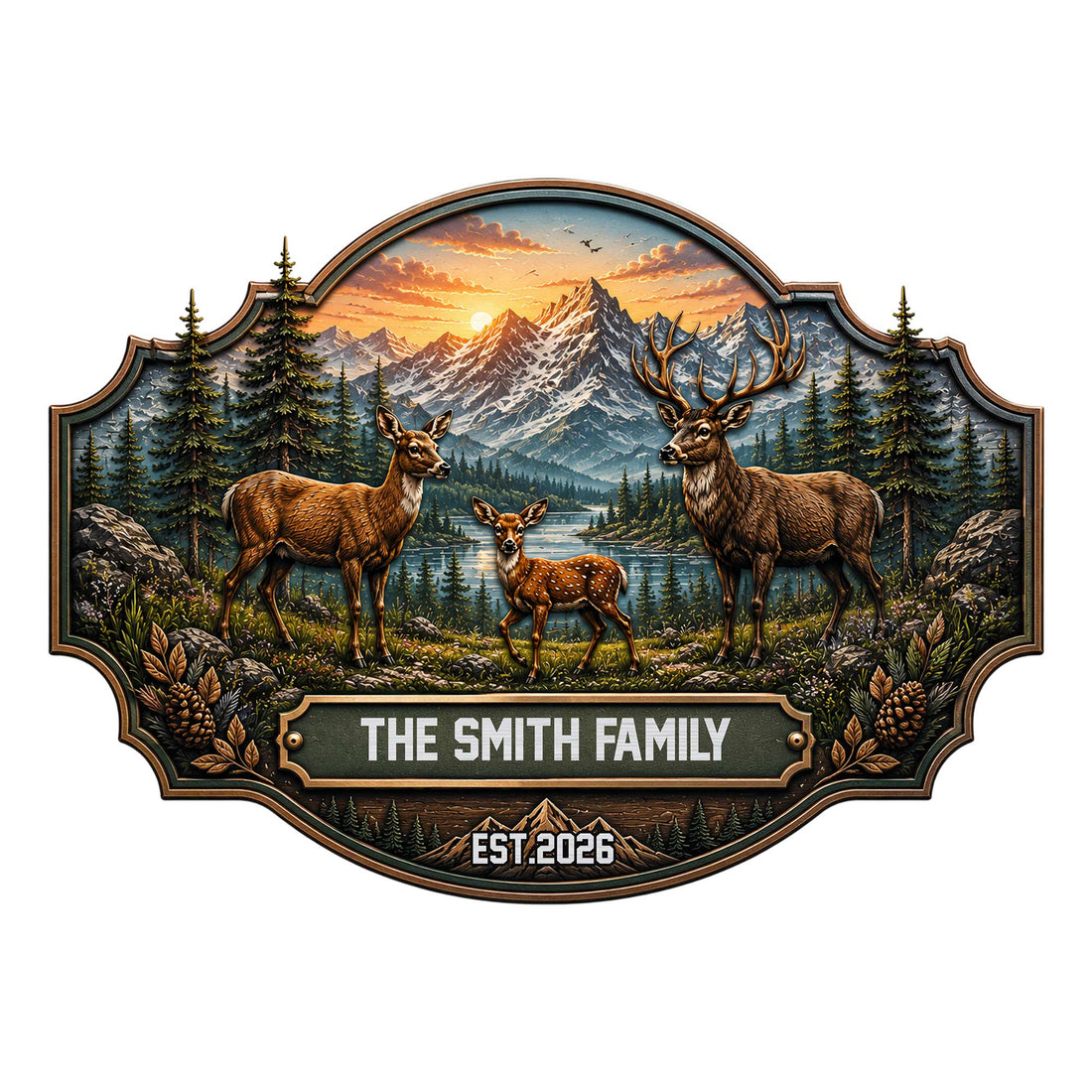Custom deer family metal sign featuring a buck, doe, and fawn beside a mountain lake and evergreen forest