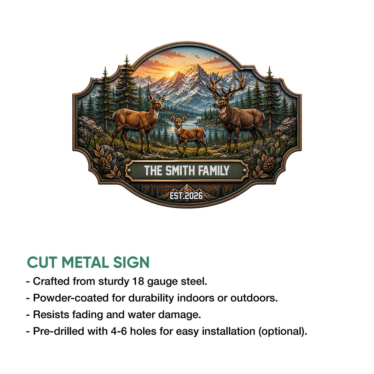 Deer family metal sign shown with cut-metal sign feature information for indoor or outdoor display