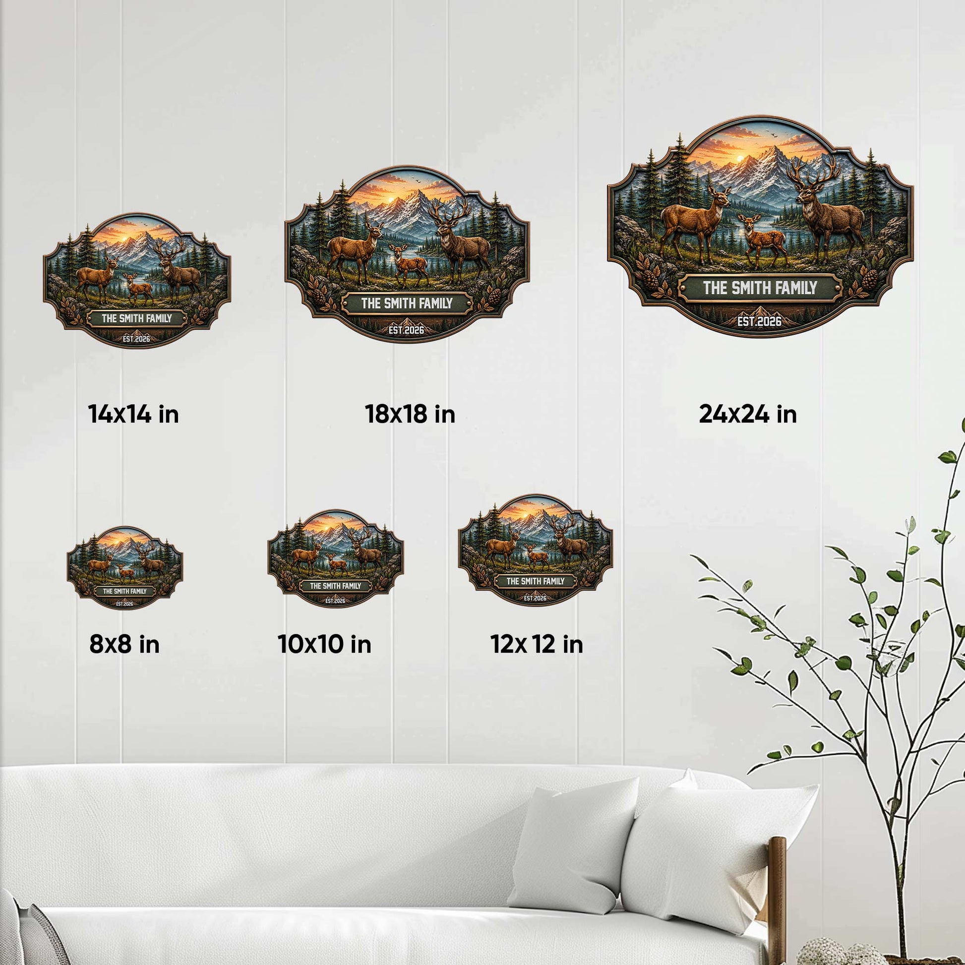 Deer family metal sign size guide showing 8x8, 10x10, 12x12, 14x14, 18x18, and 24x24 inch options