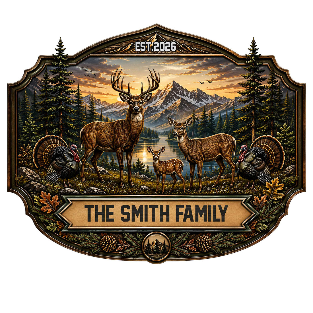 Custom deer family metal sign featuring a stag, does, fawn, turkeys, pine trees, and mountain lake scenery