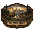 Custom deer family metal sign featuring a stag, does, fawn, turkeys, pine trees, and mountain lake scenery