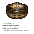 Deer family metal sign shown with a detailed woodland wildlife scene and product feature information