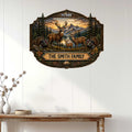 Custom deer family metal sign displayed as rustic lodge wall decor above a console table