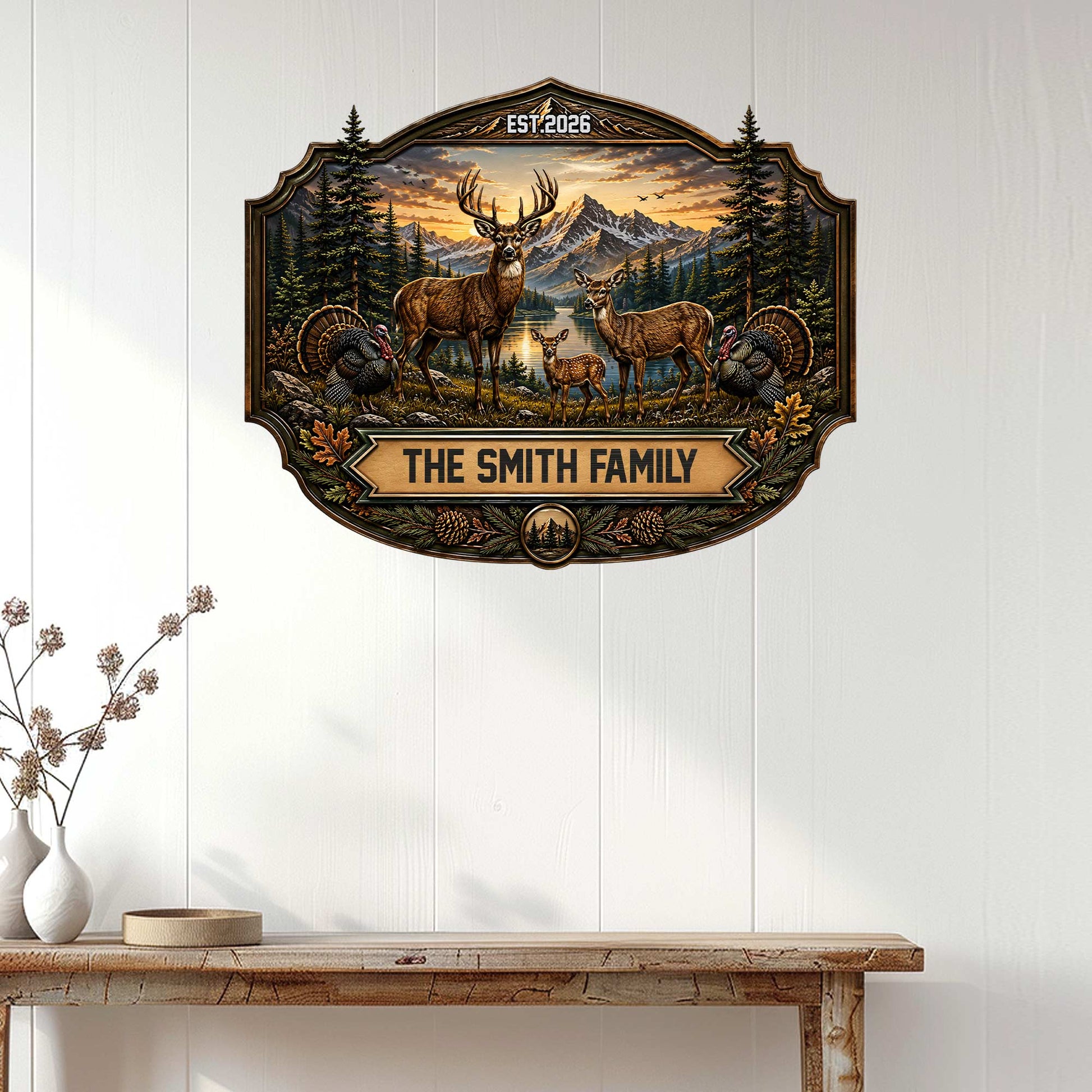 Custom deer family metal sign displayed as rustic lodge wall decor above a console table
