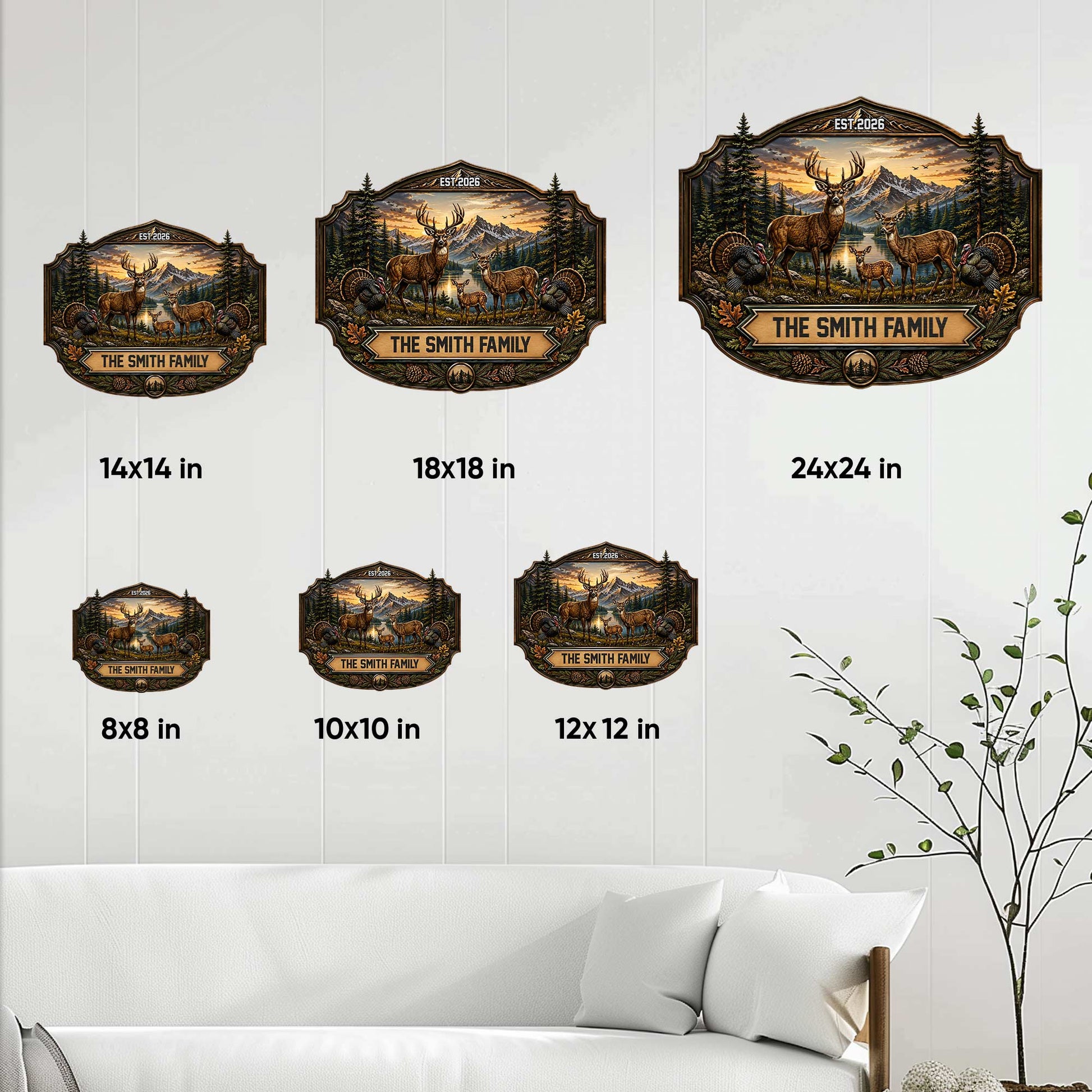 Deer family metal sign size guide showing multiple square size options in a home decor setting