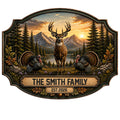 Custom deer metal sign featuring a stately buck, wild turkeys, pine forest, lake, and mountain sunset