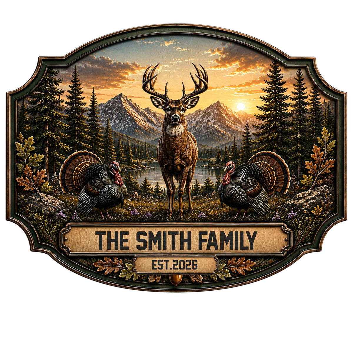 Custom deer metal sign featuring a stately buck, wild turkeys, pine forest, lake, and mountain sunset