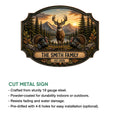 Deer and turkey wildlife metal sign shown with a product feature presentation