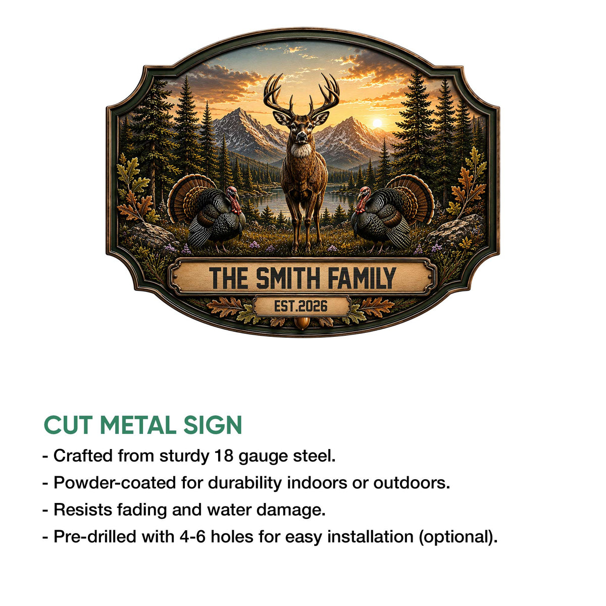 Deer and turkey wildlife metal sign shown with a product feature presentation